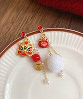 New Red Alloy Zircon Pearl Lion Dance Blessing Bag Tassel Drop Earrings